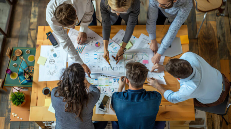 Team collaborating around a table