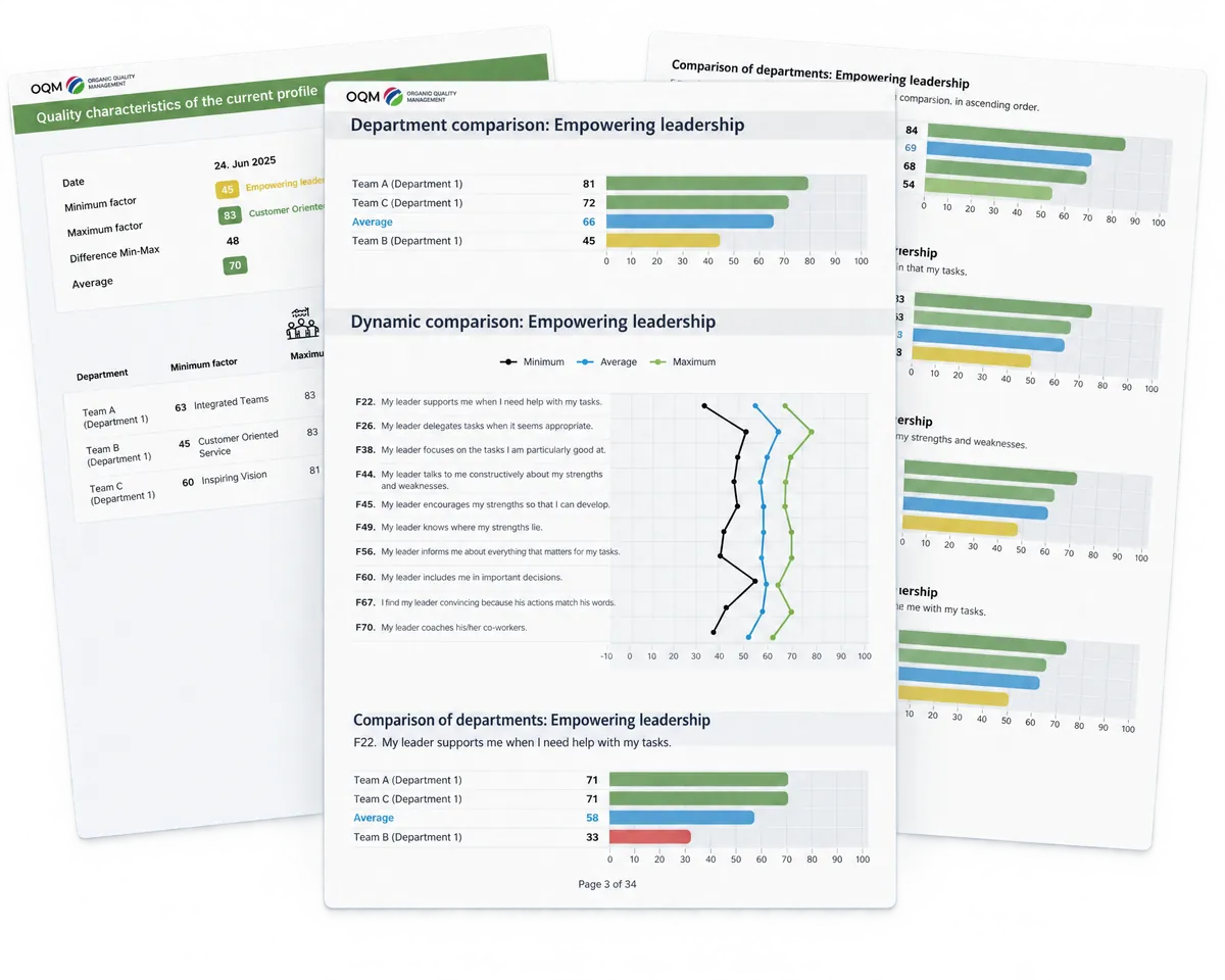 Pages from the sample comparison profile: department overview, bars per team and the line of minimum, average and maximum
