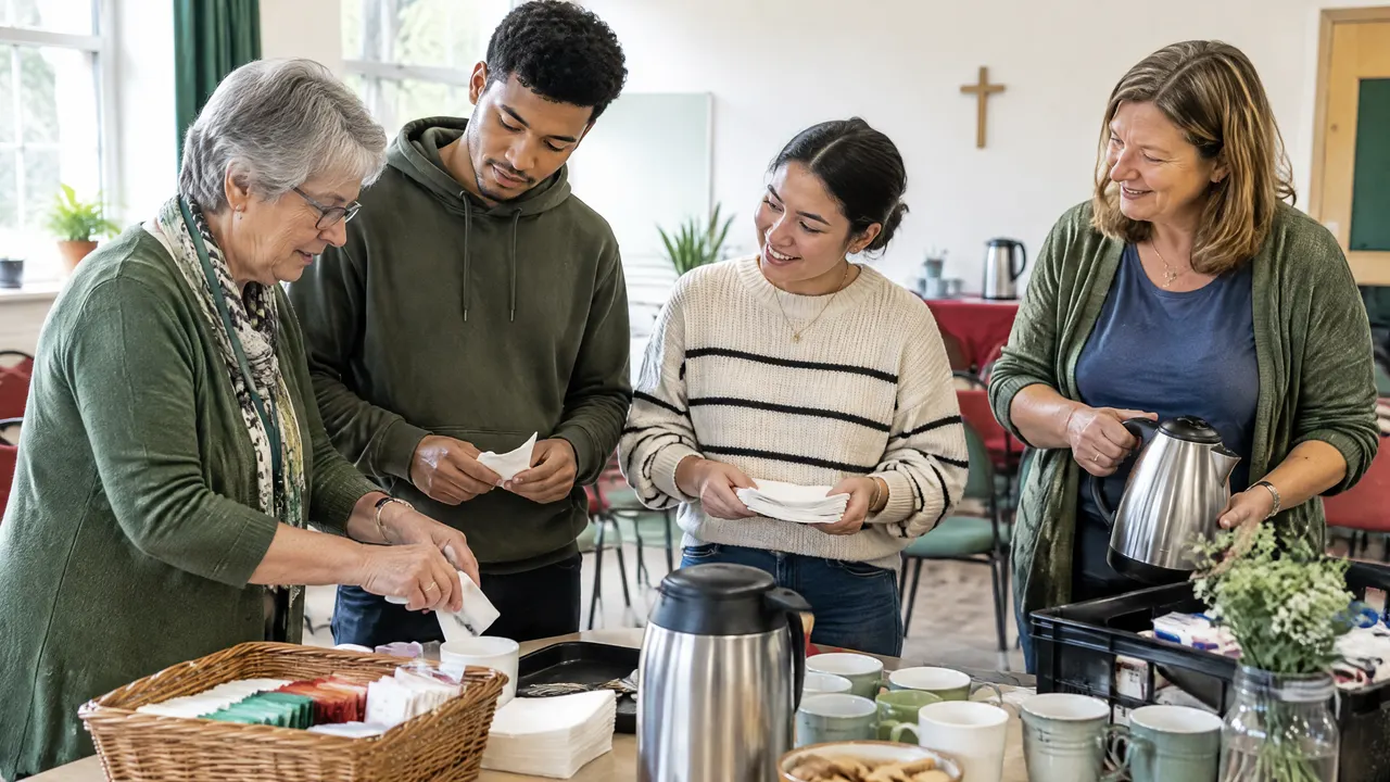 Adult colleagues clarify a handover together in a fictional Christian organisation.