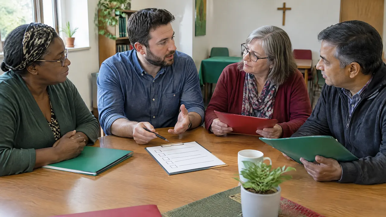 Colaboradores adultos aclaran juntos un relevo en una entidad cristiana ficticia.