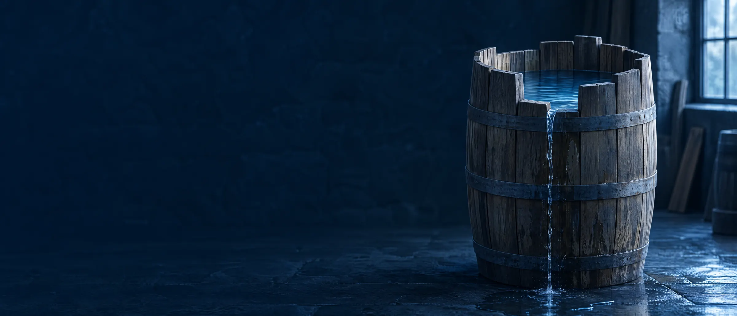 Wooden barrel with staves of different lengths: the water spills over the shortest stave.