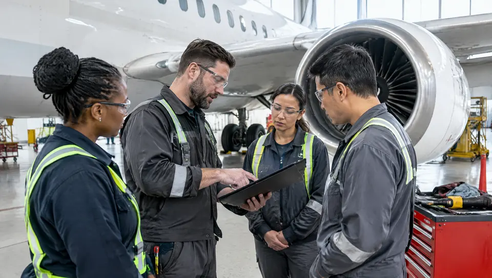 A civil maintenance team conducts a ground-level task briefing beside a parked aircraft in a hangar with tools packed.