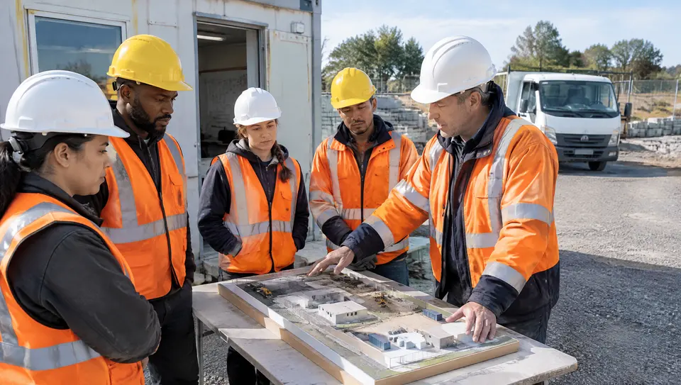 Un equipo de obra con protección personal prepara un relevo antes de comenzar.