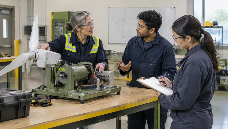 An experienced specialist explains a disconnected training rig to two younger technicians.