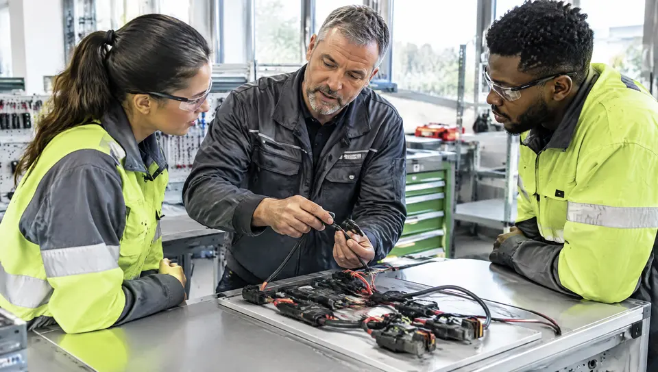 Un técnico experimentado explica a sus compañeros un modelo de conexión de cables completamente desconectado.