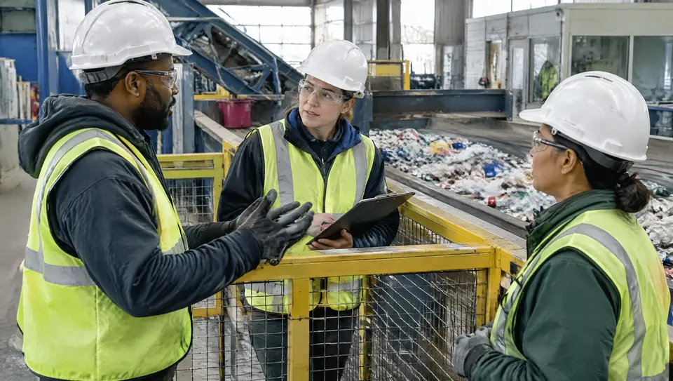 A recovery team discusses a handover behind a protective barrier with machinery stopped.