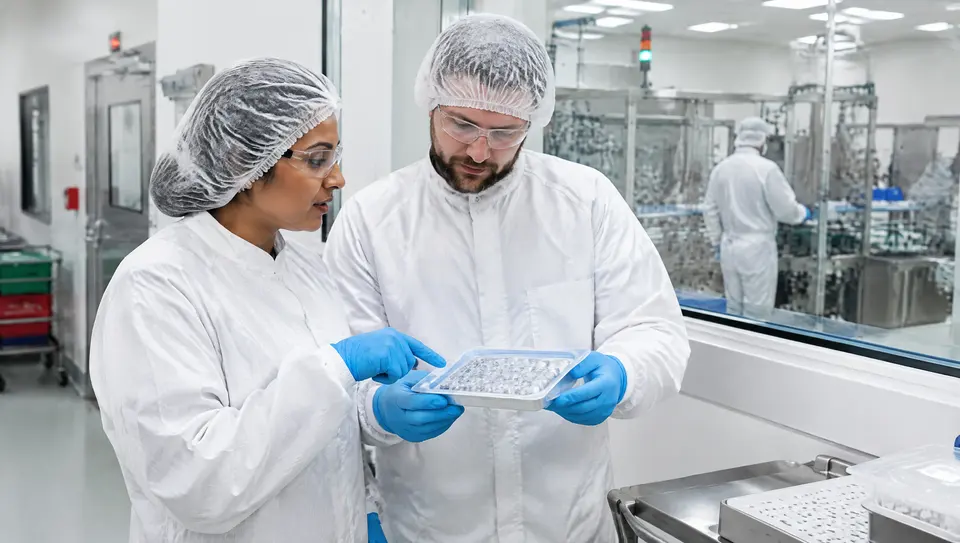 Fachkräfte aus pharmazeutischer Qualitätssicherung und Produktion besprechen eine Übergabe vor einem Reinraumfenster.