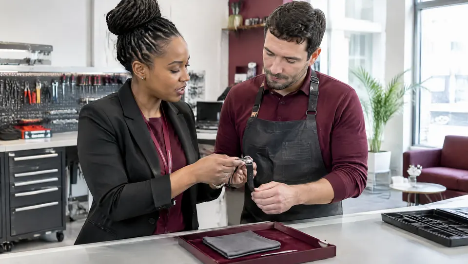 A boutique colleague and workshop liaison discuss a repair item in a calm service area.