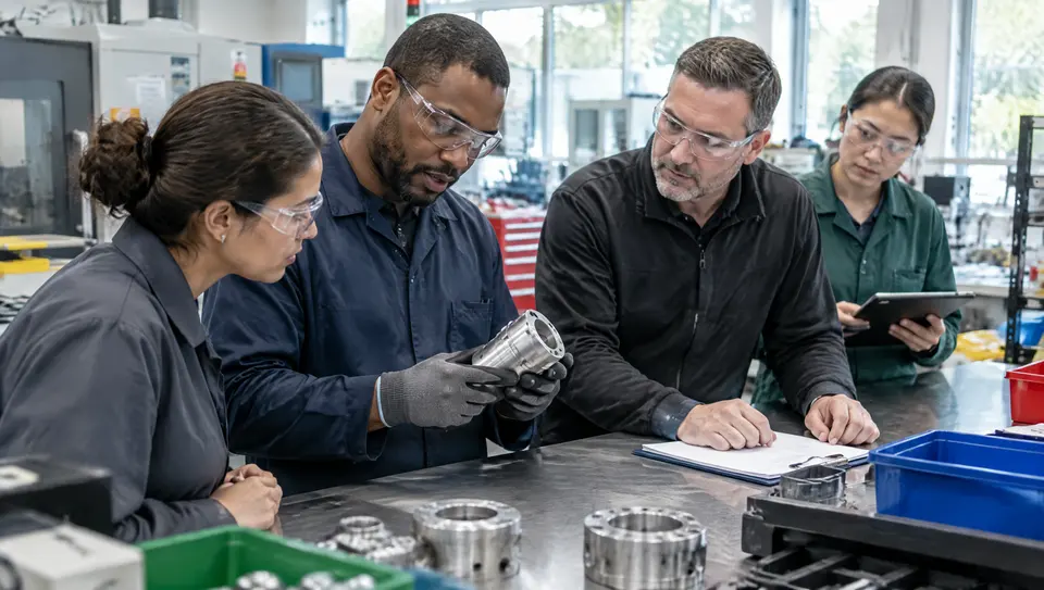 Quality and production leads wearing protective glasses examine a non-hazardous component beside stopped machinery.