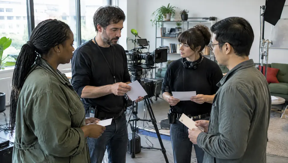 A small television crew holds a pre-shoot discussion beside idle cameras and plain running-order cards.