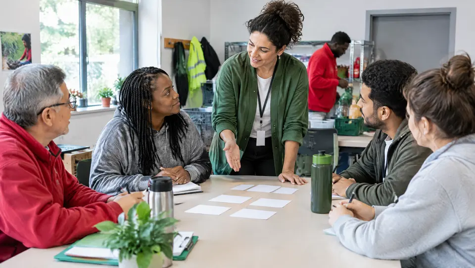 An NGO manager discusses roles and contacts with adult volunteers at a shared table.