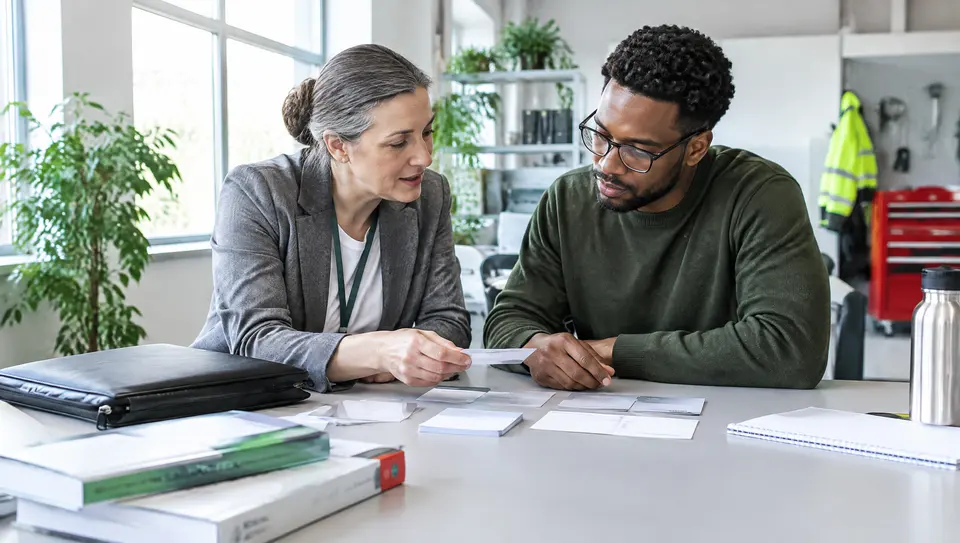 A consultancy team clarifies responsibilities and review steps using neutral work materials.