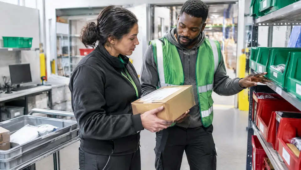 E-commerce service and store colleagues discuss a parcel handover behind a retail counter.