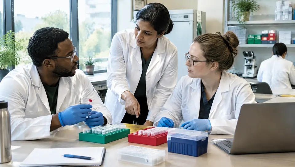 A group leader and technical colleague coordinate shared resources at a laboratory desk with closed, unbranded racks.