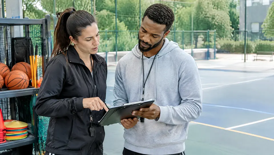 Zwei erwachsene Trainer besprechen eine Vertretung neben einem leeren Spielfeld und sicher gelagertem Material.