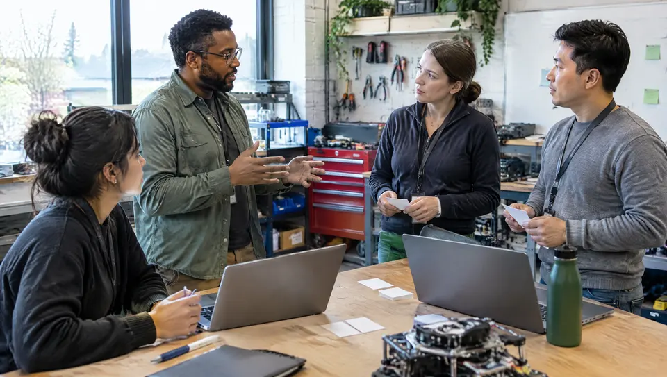 Engineering and support colleagues coordinate a release handover using laptops and plain cards.