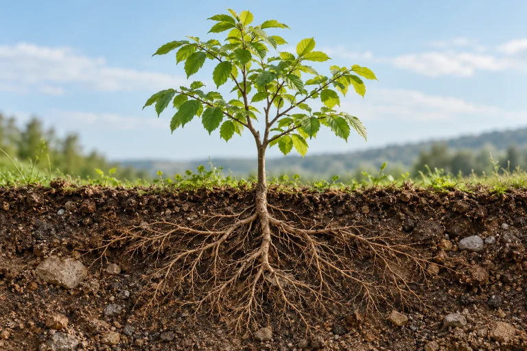 Junger Baum mit verzweigten Wurzeln als Sinnbild für organisches Wachstum
